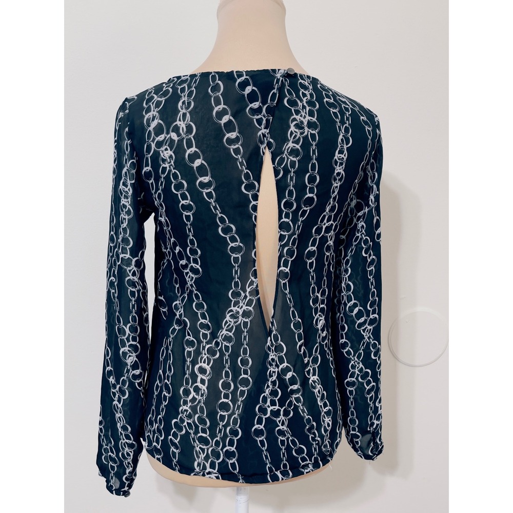 Banana Republic Women‎ Petite XXS Black White Chain Print Keyhole Back Blouse - Picture 4 of 9